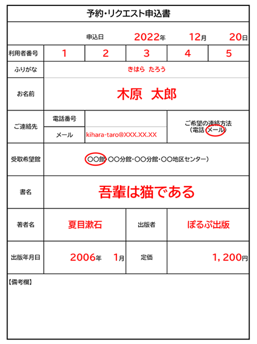 予約・リクエスト用紙 例©キハラ株式会社